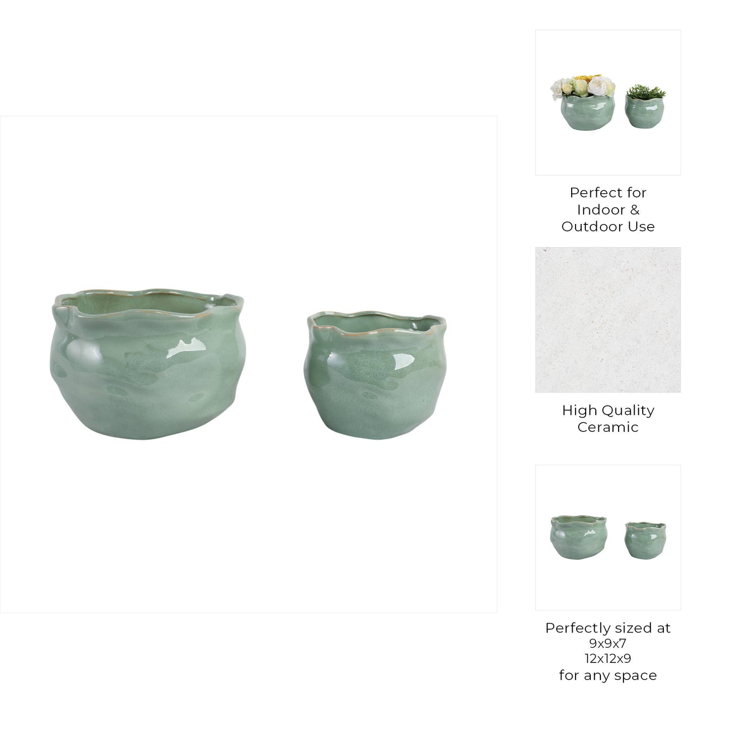 Green Ceramic Round Wavy Edge Planters (2 Sizes)