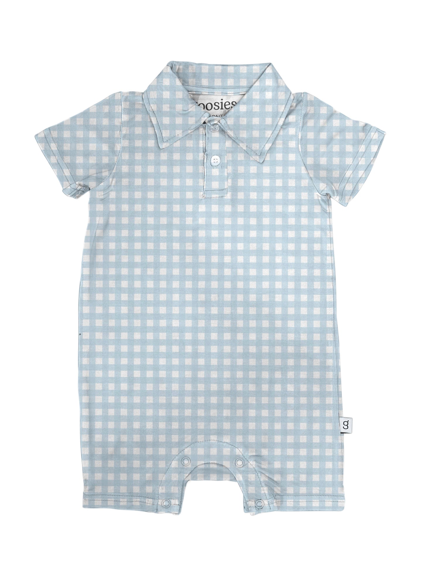 Short Sleeve Polo Romper -Blue Gingham: 3-6 mo