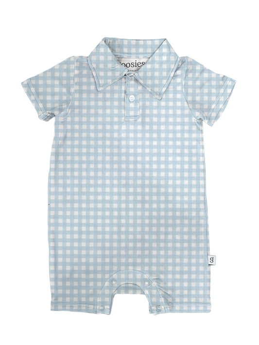Short Sleeve Polo Romper -Blue Gingham: 6-12 mo