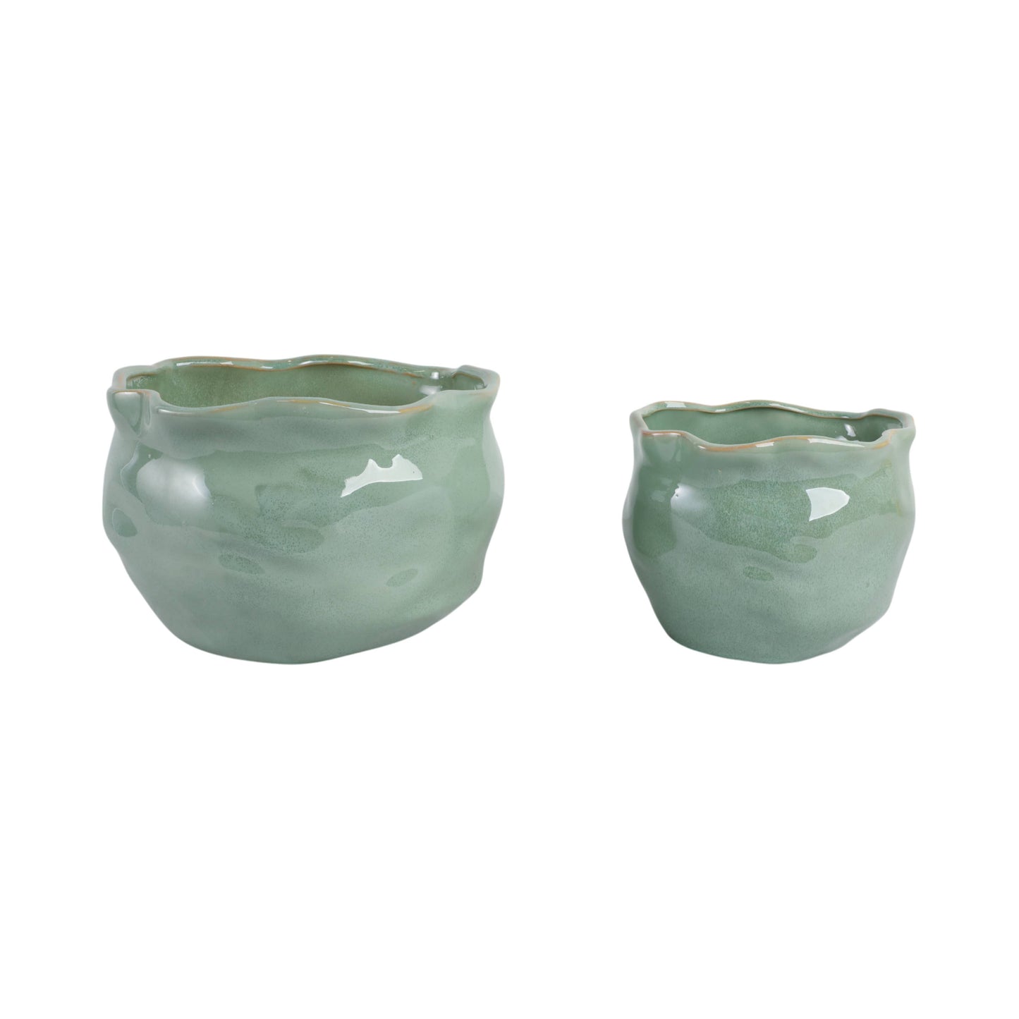 Green Ceramic Round Wavy Edge Planters (2 Sizes)