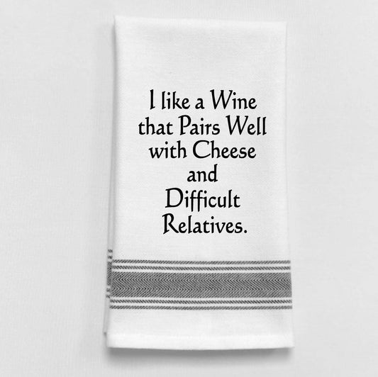 BB-I-318 White Kitchen Towel  "I like a wine that pairs...": White - Black Lined Trim