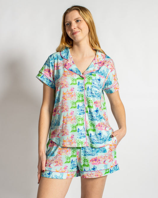Maya Short Sleeve Button Up Sleep Shirt w/Shorts