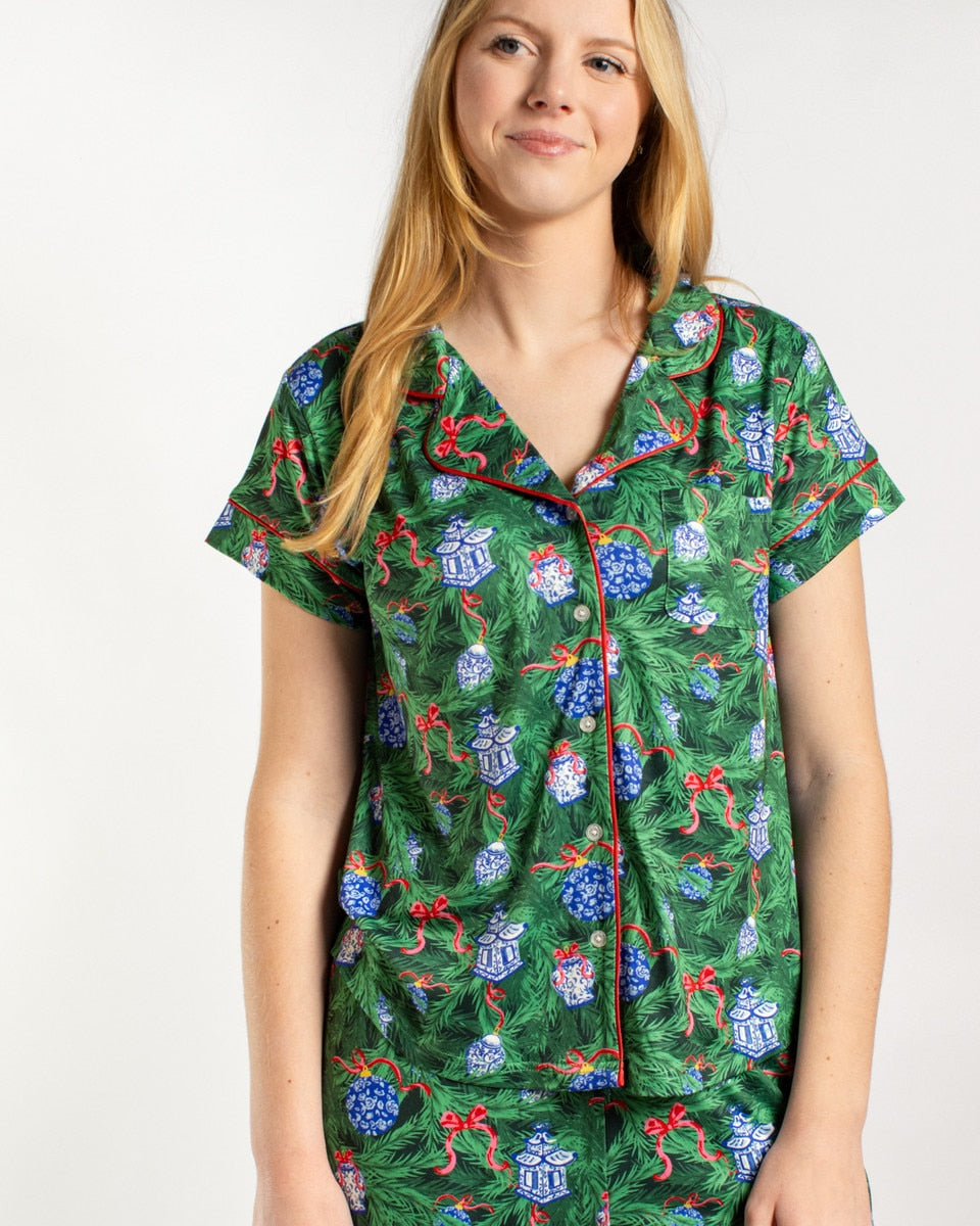 Spruce It Up Short Sleeve Button Up Sleep Shirt w/Pants