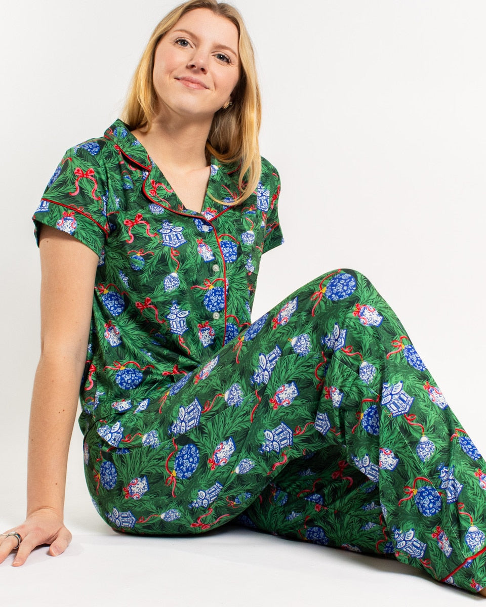 Spruce It Up Short Sleeve Button Up Sleep Shirt w/Pants