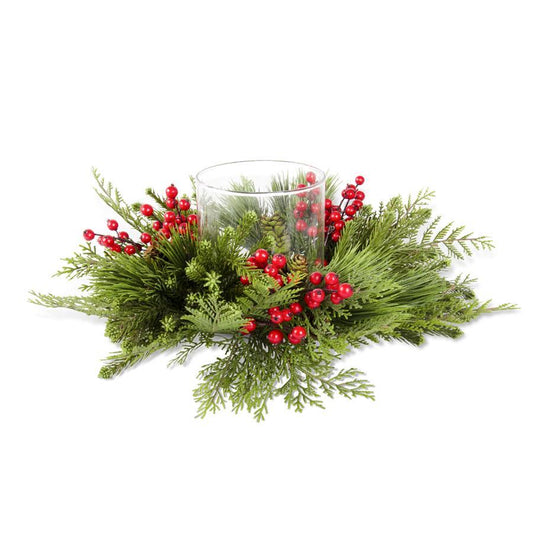 Pine Cedar Mix & Red Berries Candle Ring w/Hurricane