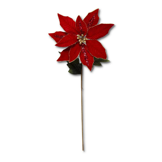 Velvet Poinsettia Stem w/Sequins Gold Trim & Center