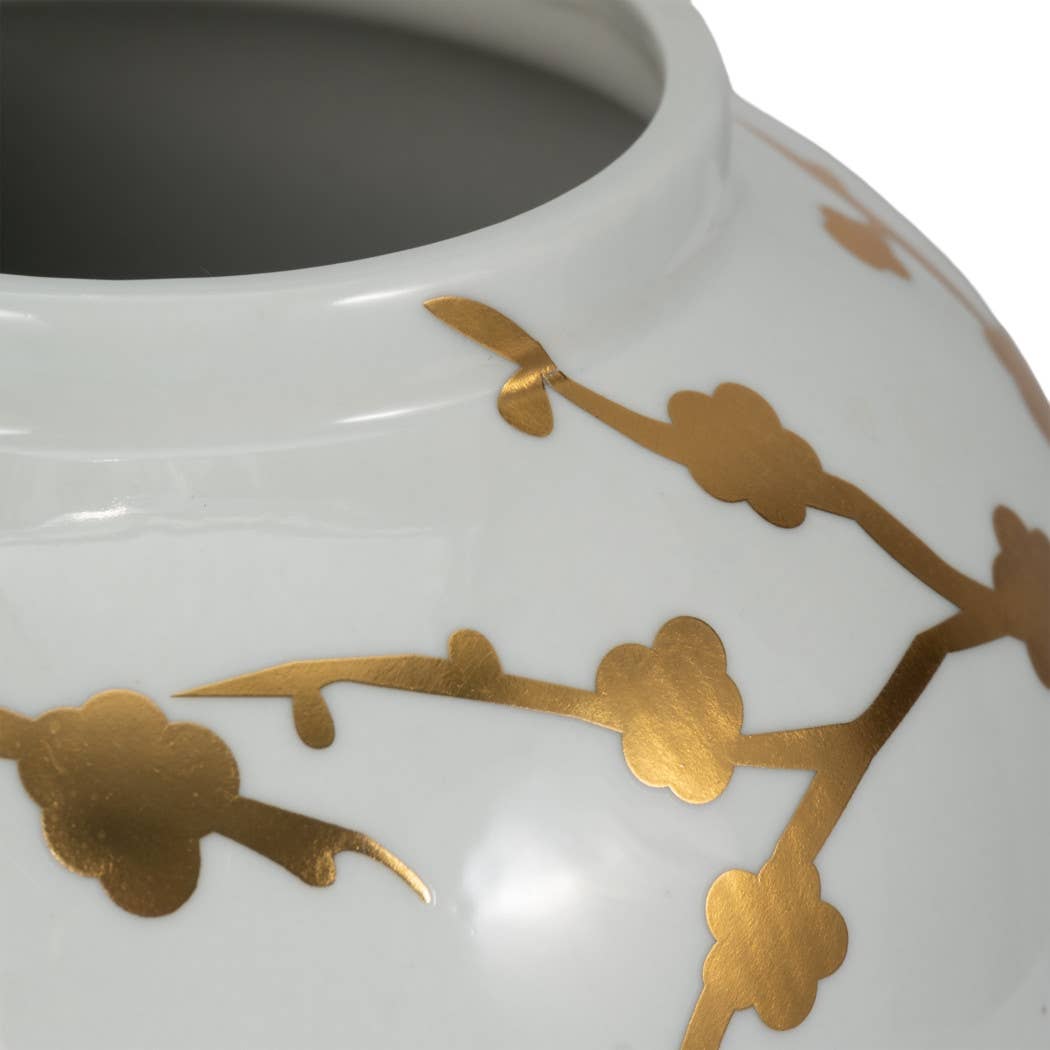 Decorative Temple Jar - White Ceramic Gold Cherry, 14 in.