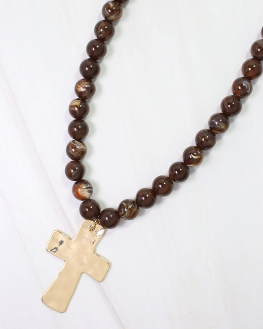Bakersfield Beaded Cross Necklace Brown: Default