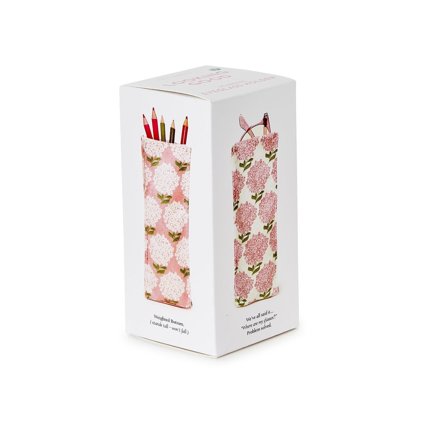 "Looking Good" Pink Hydrangea Print Standing Triangular weighted Eyeglass/Accessory Holder (2 styles)