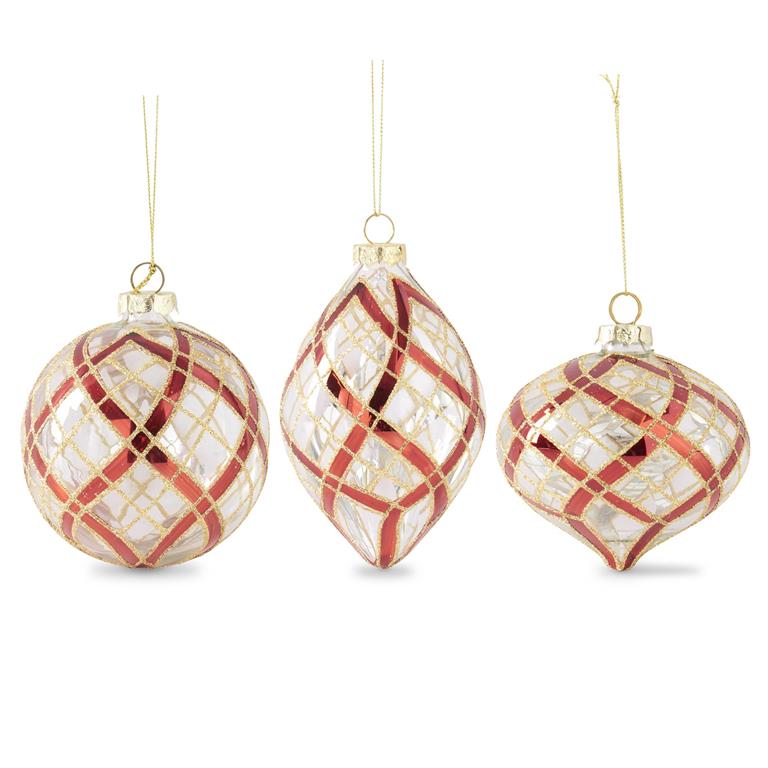 Clear Glass Ornaments w/Glittered Red & Gold Plaid (3 Styles)