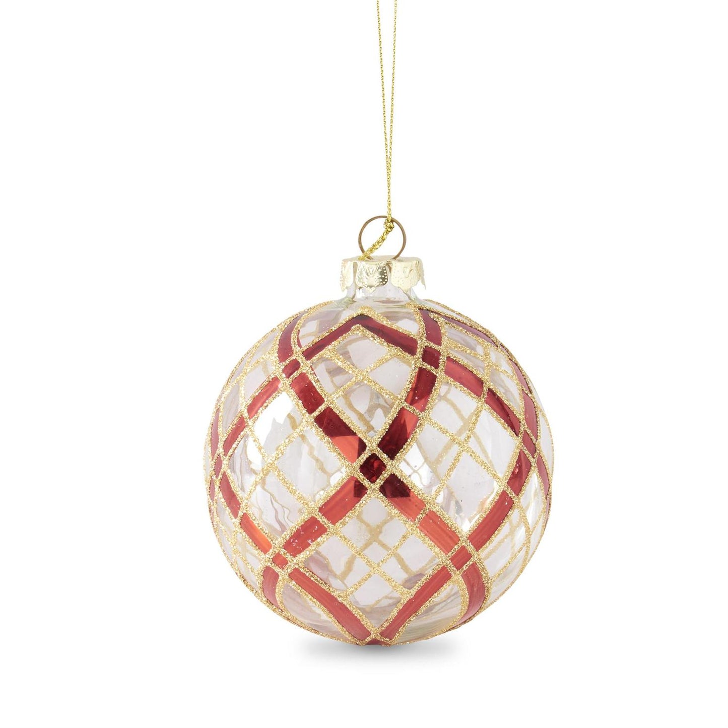 Clear Glass Ornaments w/Glittered Red & Gold Plaid (3 Styles)