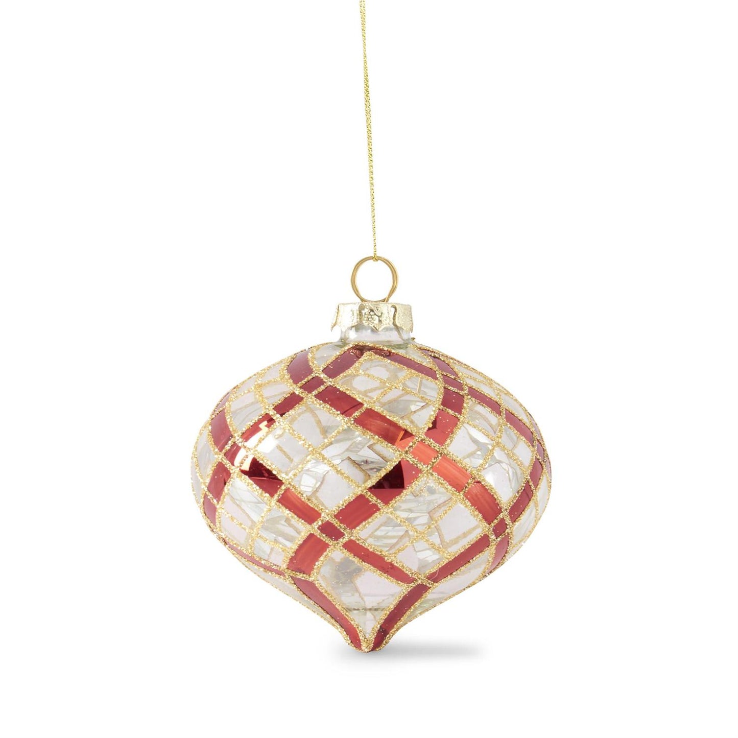 Clear Glass Ornaments w/Glittered Red & Gold Plaid (3 Styles)