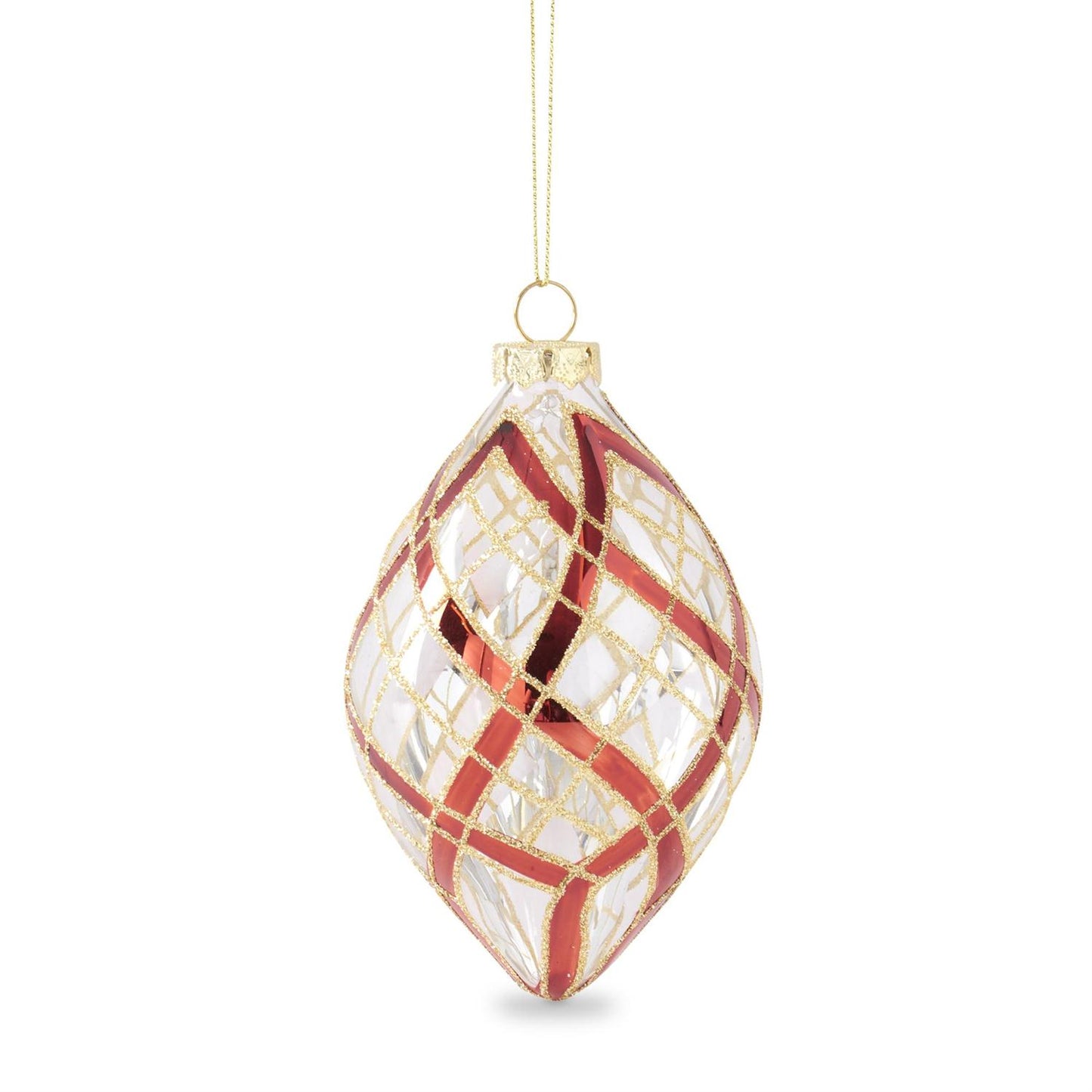 Clear Glass Ornaments w/Glittered Red & Gold Plaid (3 Styles)