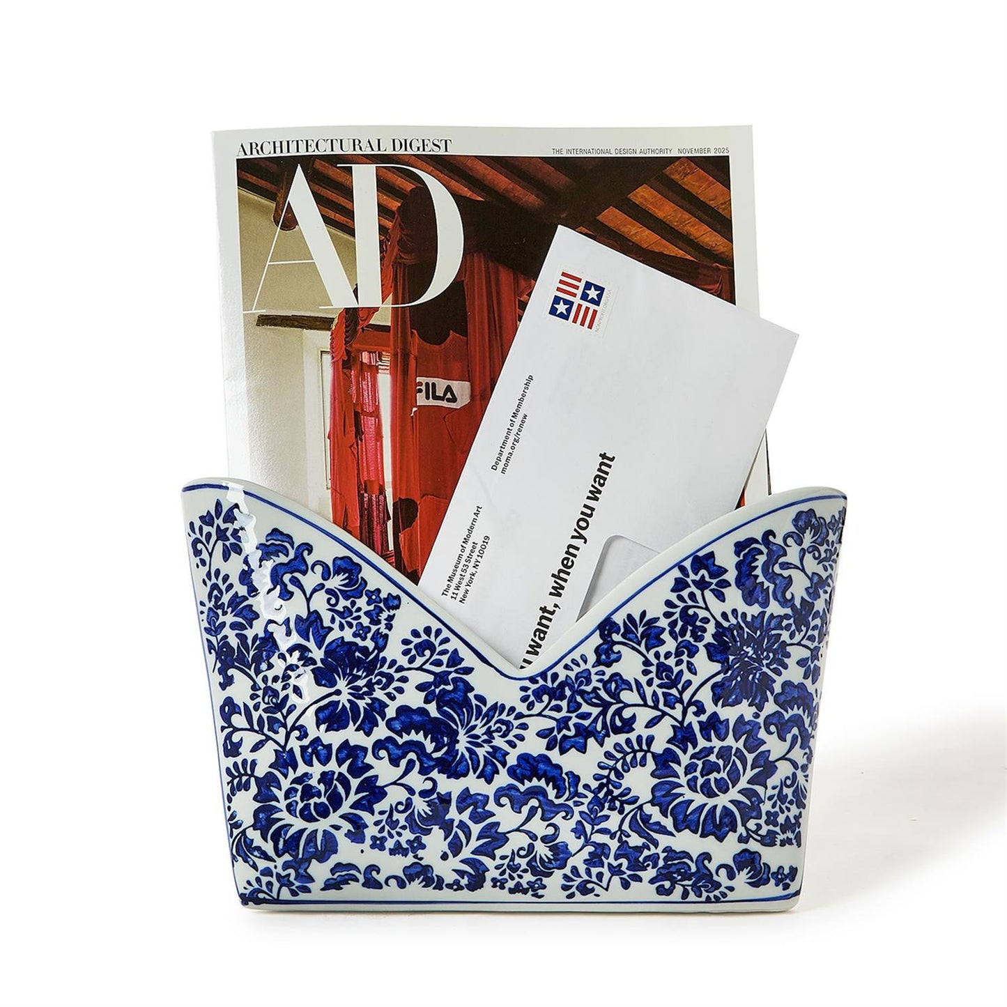 Chinoiserie Hand-Painted Blue and White Floral Letter Holder - Porcelain