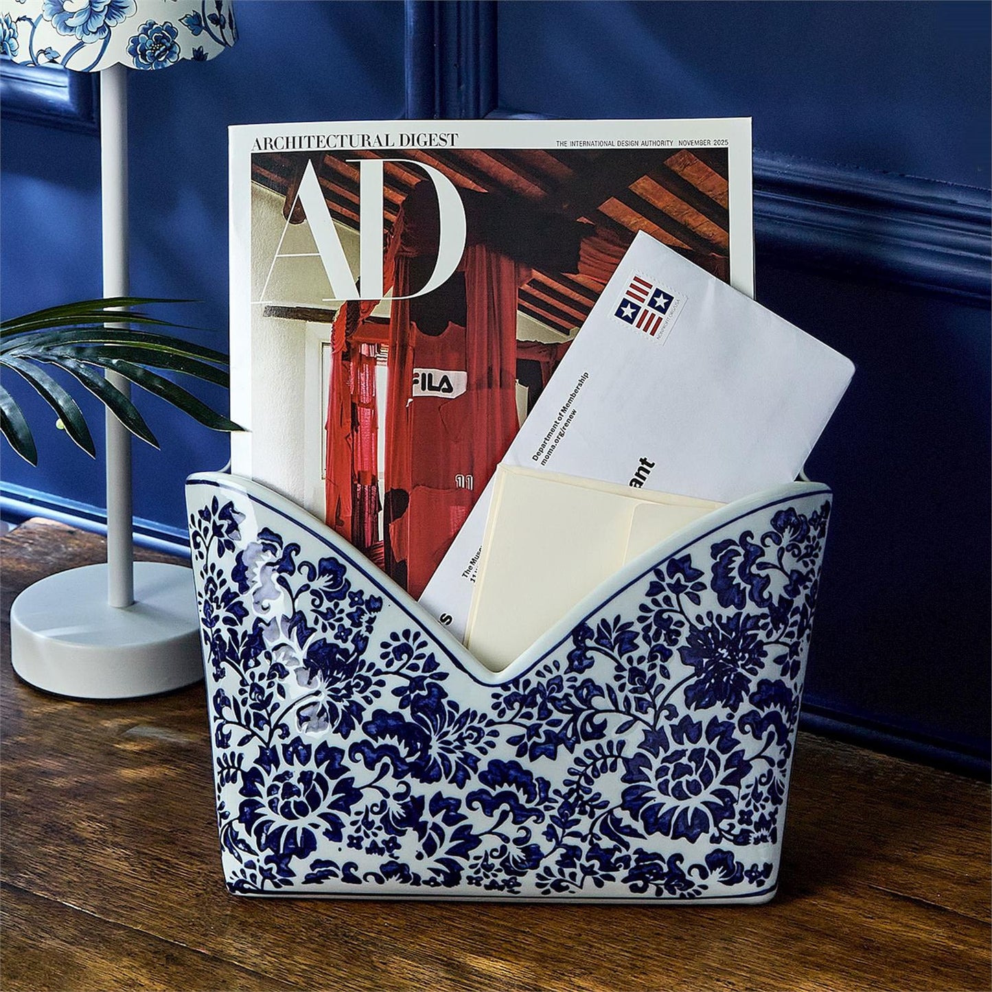 Chinoiserie Hand-Painted Blue and White Floral Letter Holder - Porcelain