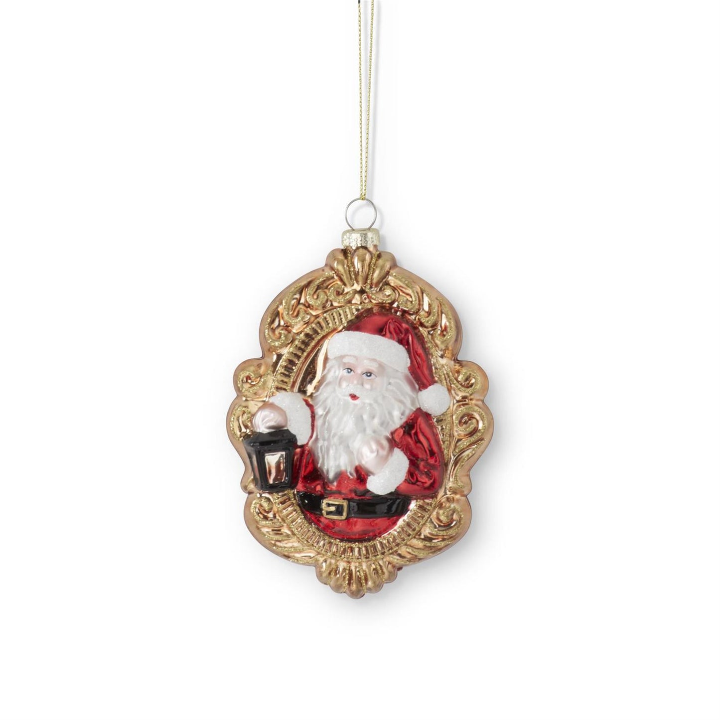Gold Blown Glass Ornate Oval Disk Santa Ornament