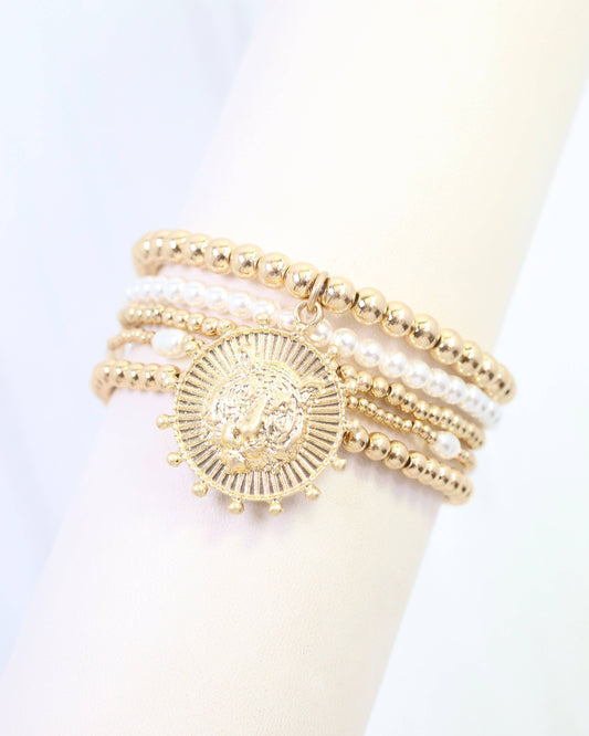 Carmen Coin Beaded Bracelet Set Tiger Worn Gold: Default
