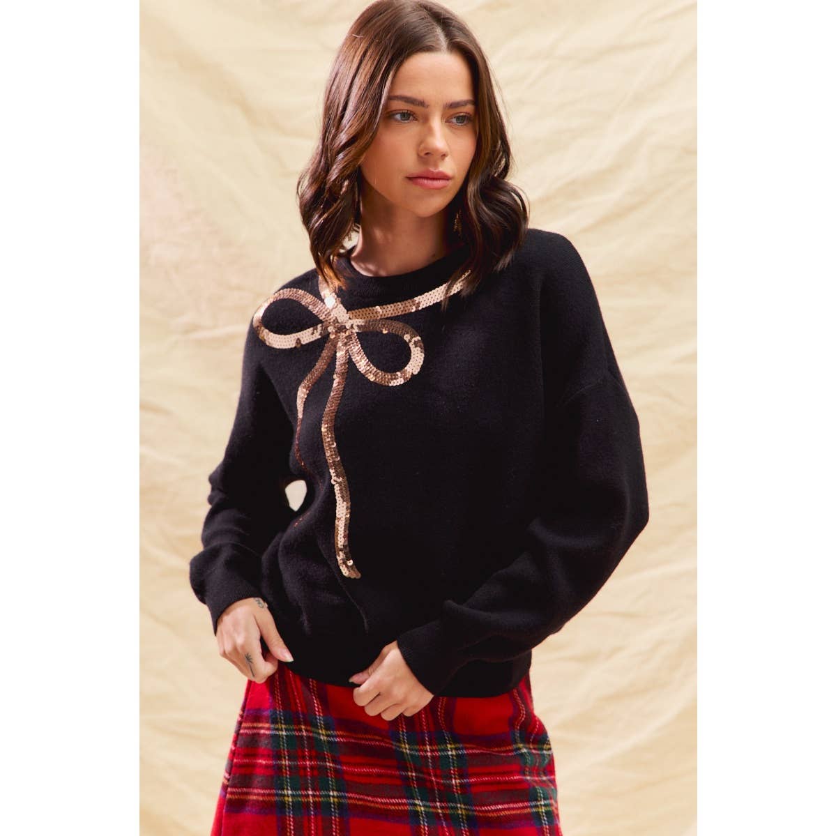 SEQUINS RIBBON CHRISTMAS HOLIDAY SWEATER TOP: BLACK/GOLD / M