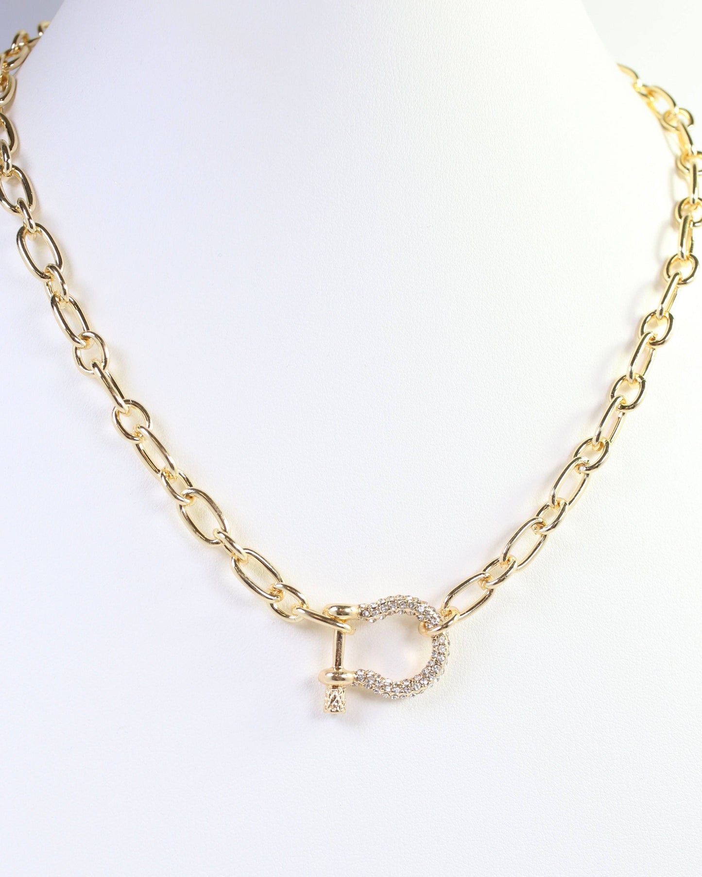 Bianca CZ Pave Horsebit Link Necklace WR Gold