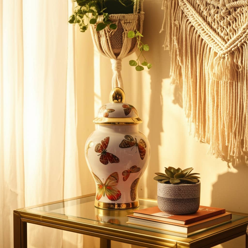 Multicolor 8x5 in. Ceramic Glam Temple Jar with Butterflies