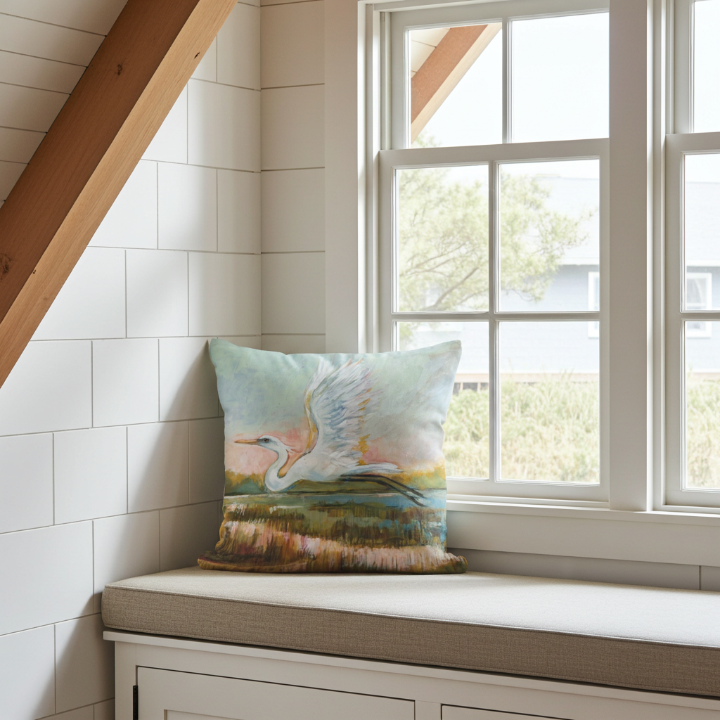 Pillow - Egret Flying Serene - indoor / outdoor cushion: 18x18