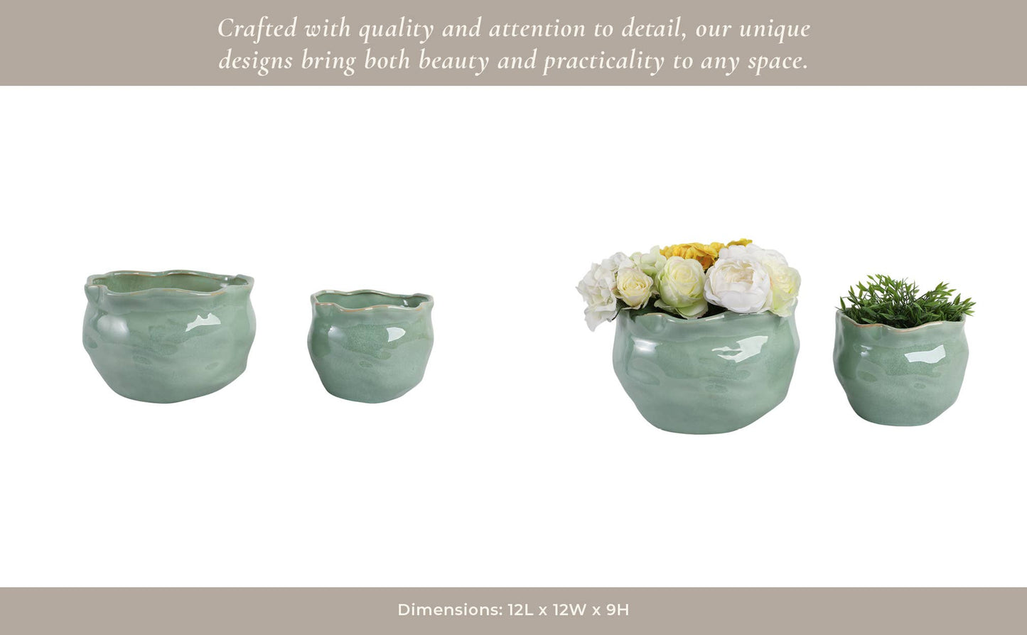 Green Ceramic Round Wavy Edge Planters (2 Sizes)
