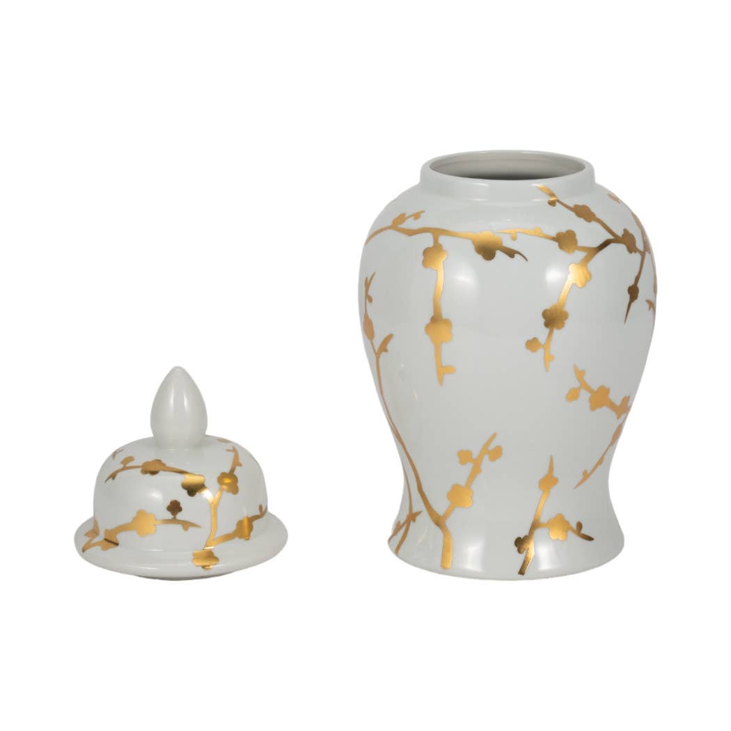 Decorative Temple Jar - White Ceramic Gold Cherry, 14 in.
