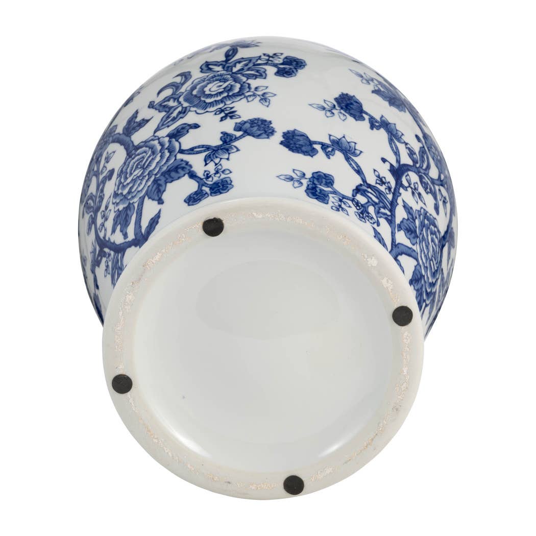 Blue 18 in. Ceramic Chinoiserie Temple Jar with Bird/Flower