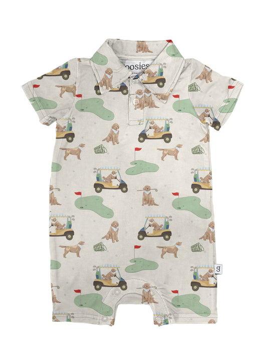 Short Sleeve Polo Romper -Barks & Birdies: 6-12 mo