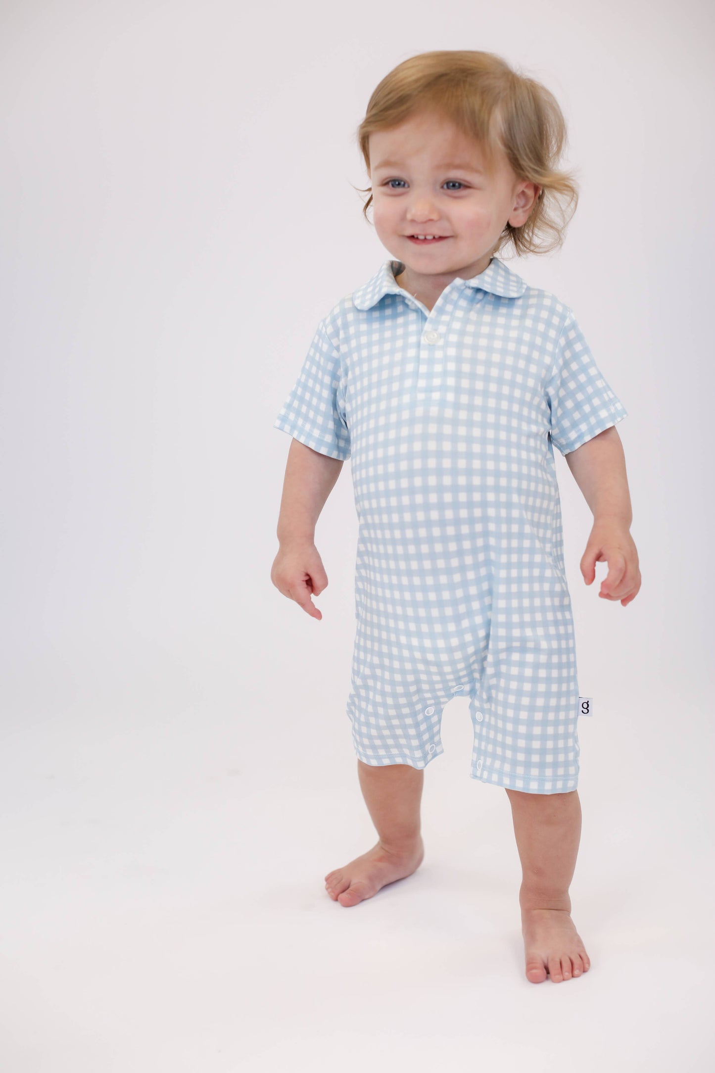 Short Sleeve Polo Romper -Blue Gingham: 3-6 mo