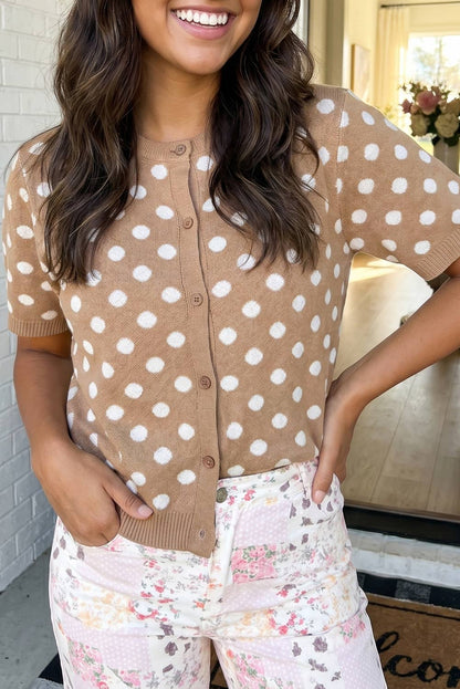 LAS Polka Dot Button Down Casual Sweater Cardigan (S-L): Dark Khaki