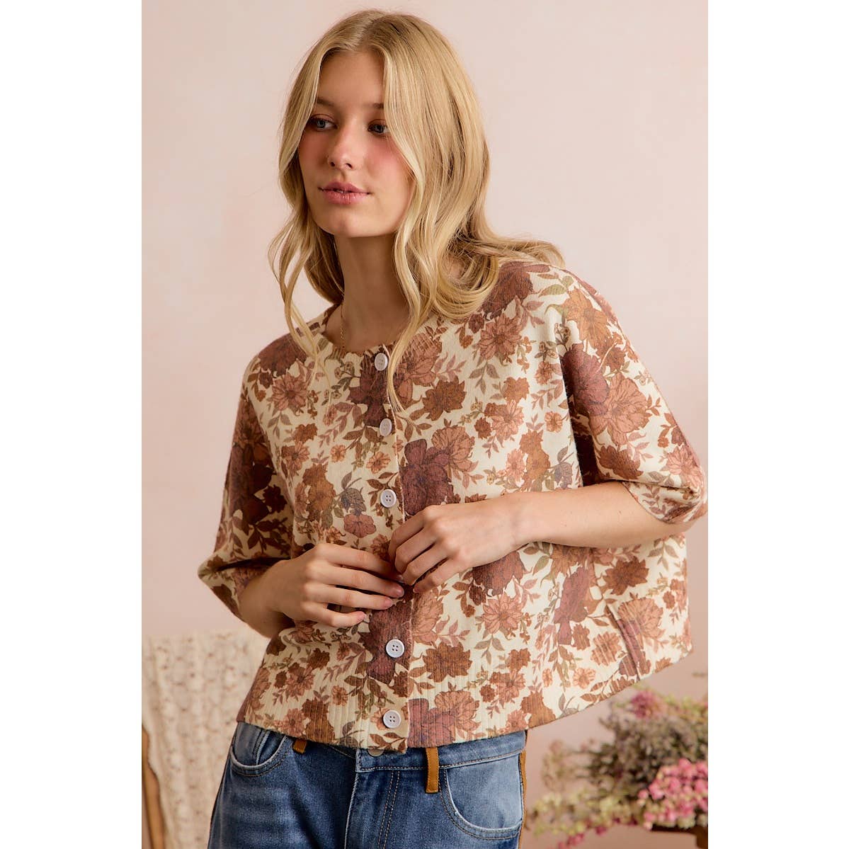 Floral Print Ivory/Brown Button Front Sweater Vest