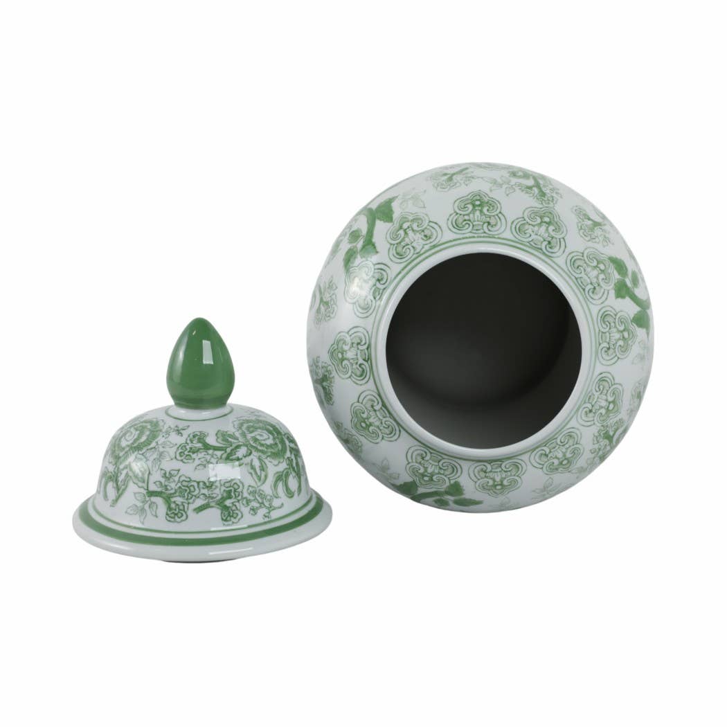 Ceramic Bird Flower Decorative Temple Jar - Green, 18 in.