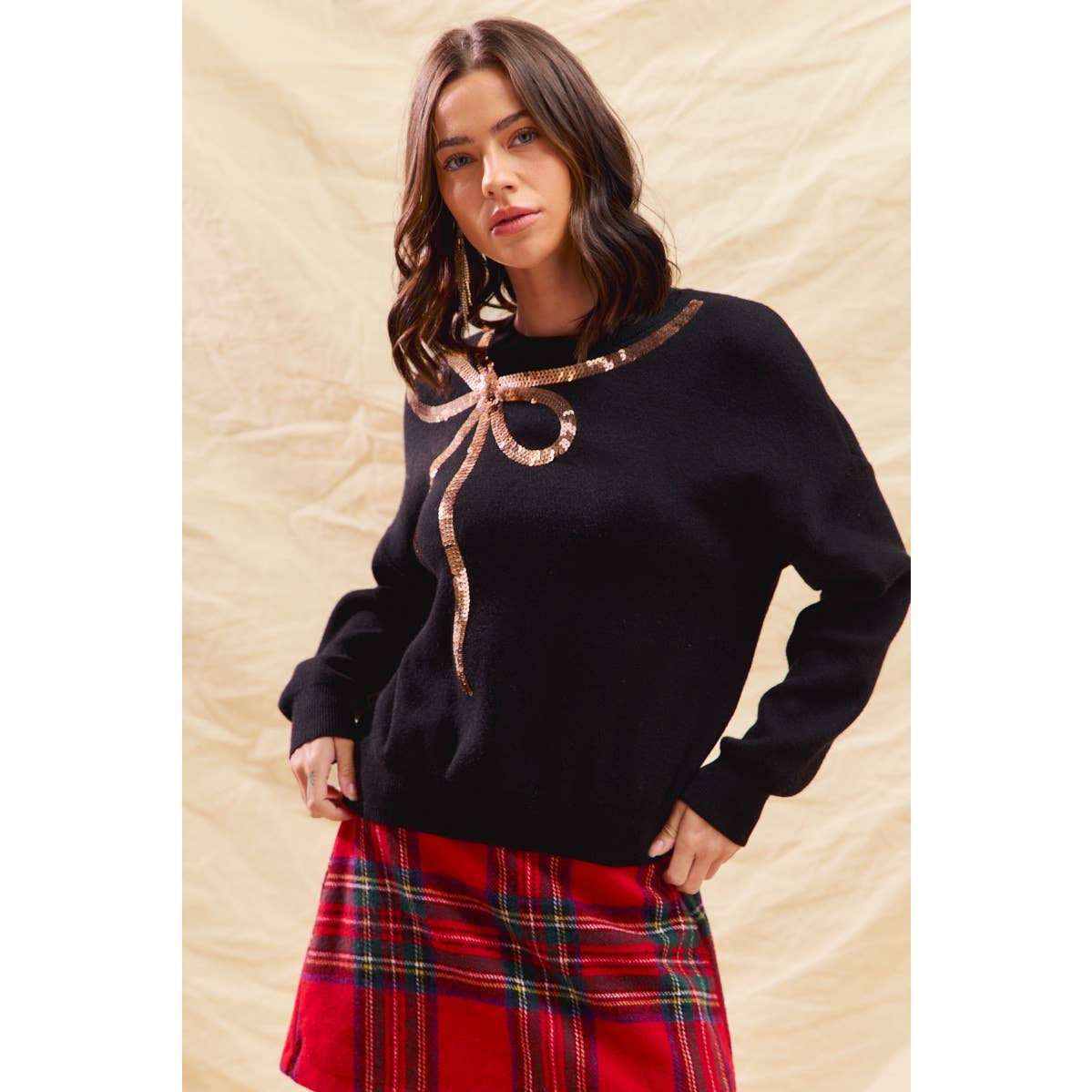 SEQUINS RIBBON CHRISTMAS HOLIDAY SWEATER TOP: BLACK/GOLD / XL