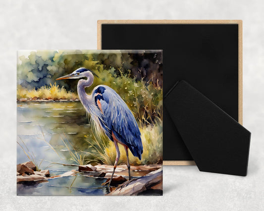 Art tile Blue Heron, 4"x4", watercolor, Easel back
