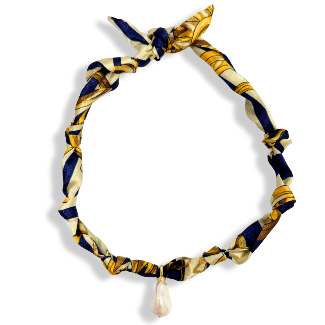 Scarf Bandana Charm Necklaces : Heart CZ - Purple Blue Abstract Scarf