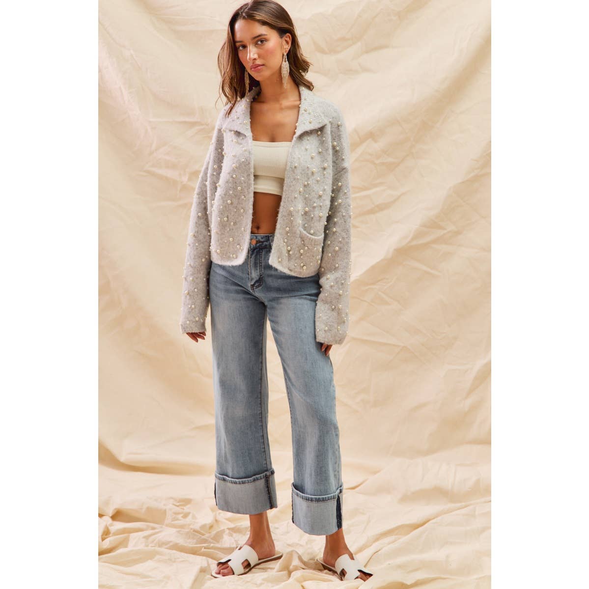 PEARL EMBELLISH SWEATER HOLIDY CHRISTMAS CARDIGAN: LT GREY / L