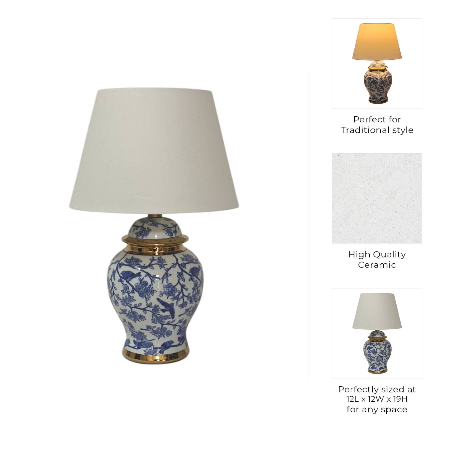 Table Lamp - Blue Ceramic Chinoiserie Floral Birds, 19 in.