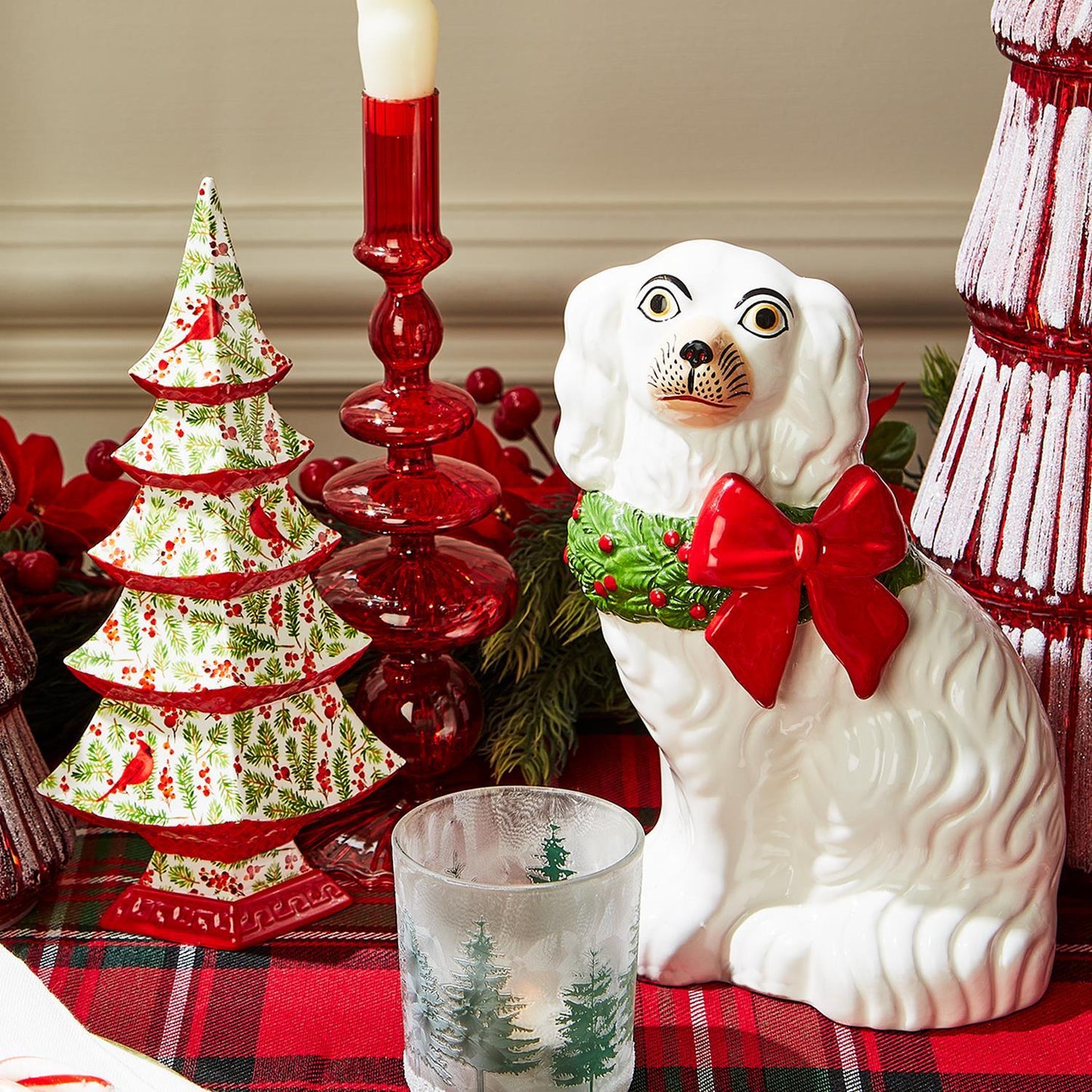 Holiday Hound Staffordshire Dog Statues w/Holiday Wreath (2 Styles)