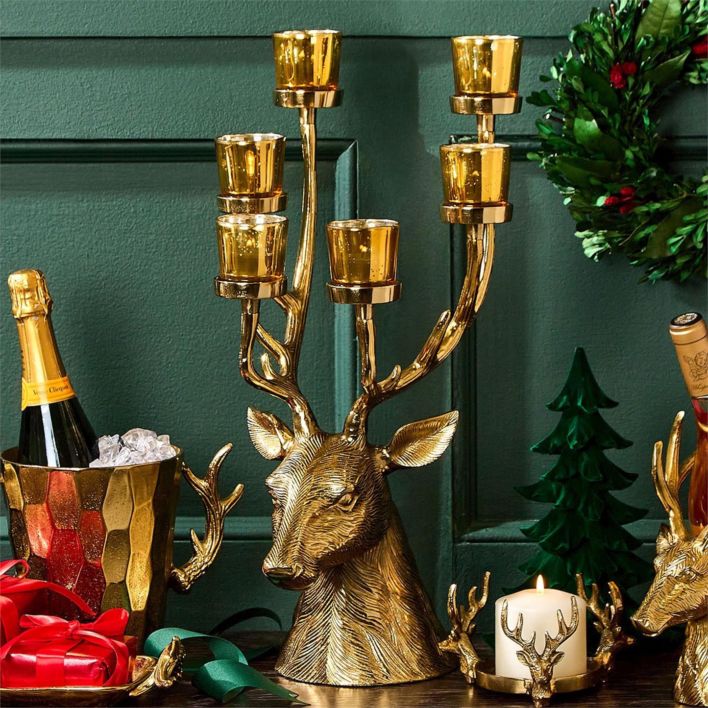 Gold Stag Candelabrum Centerpiece w/Six Removeable Tealight Candleholders