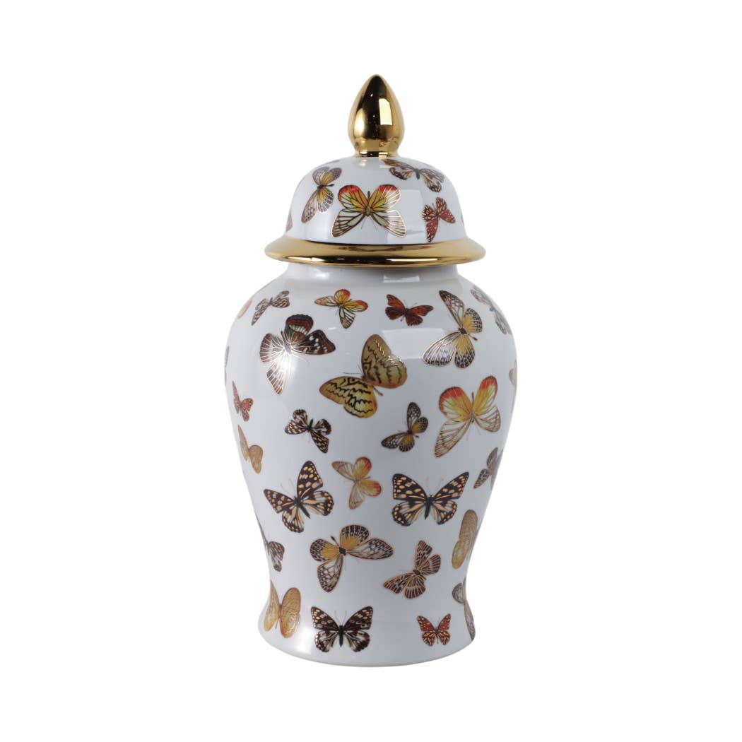 Decorative Temple Jar - White Ceramic Butterflies, 18 in.