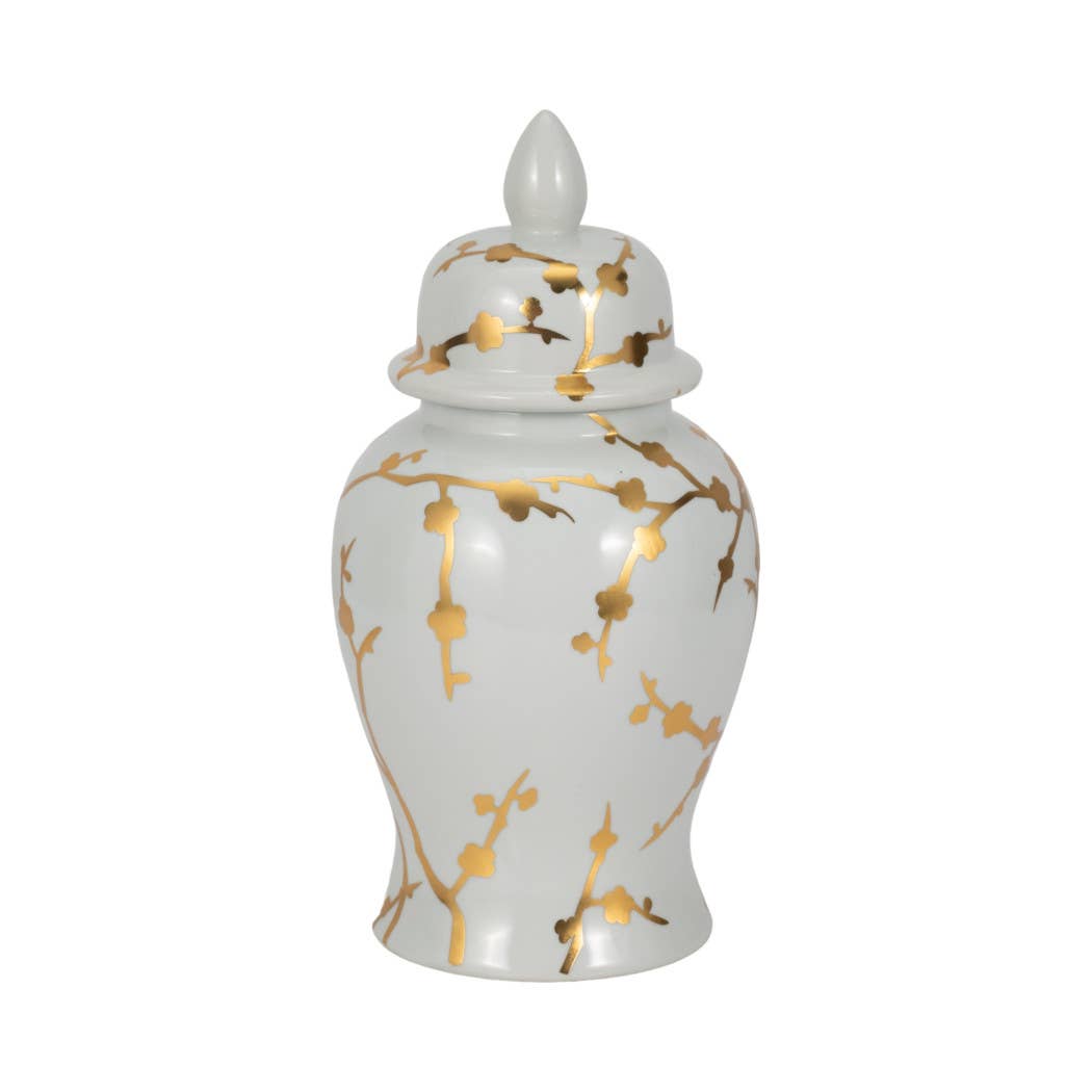 Decorative Temple Jar - White Ceramic Gold Cherry, 14 in.