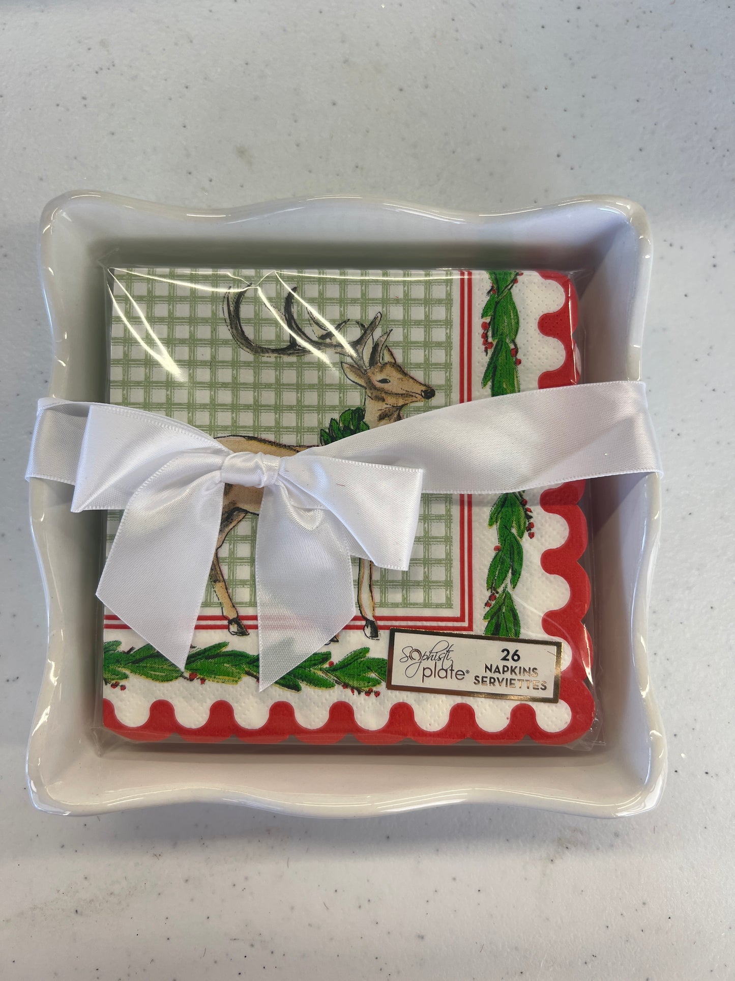 Ceramic Wave Napkin Tray w/Cocktail Napkin - Holly