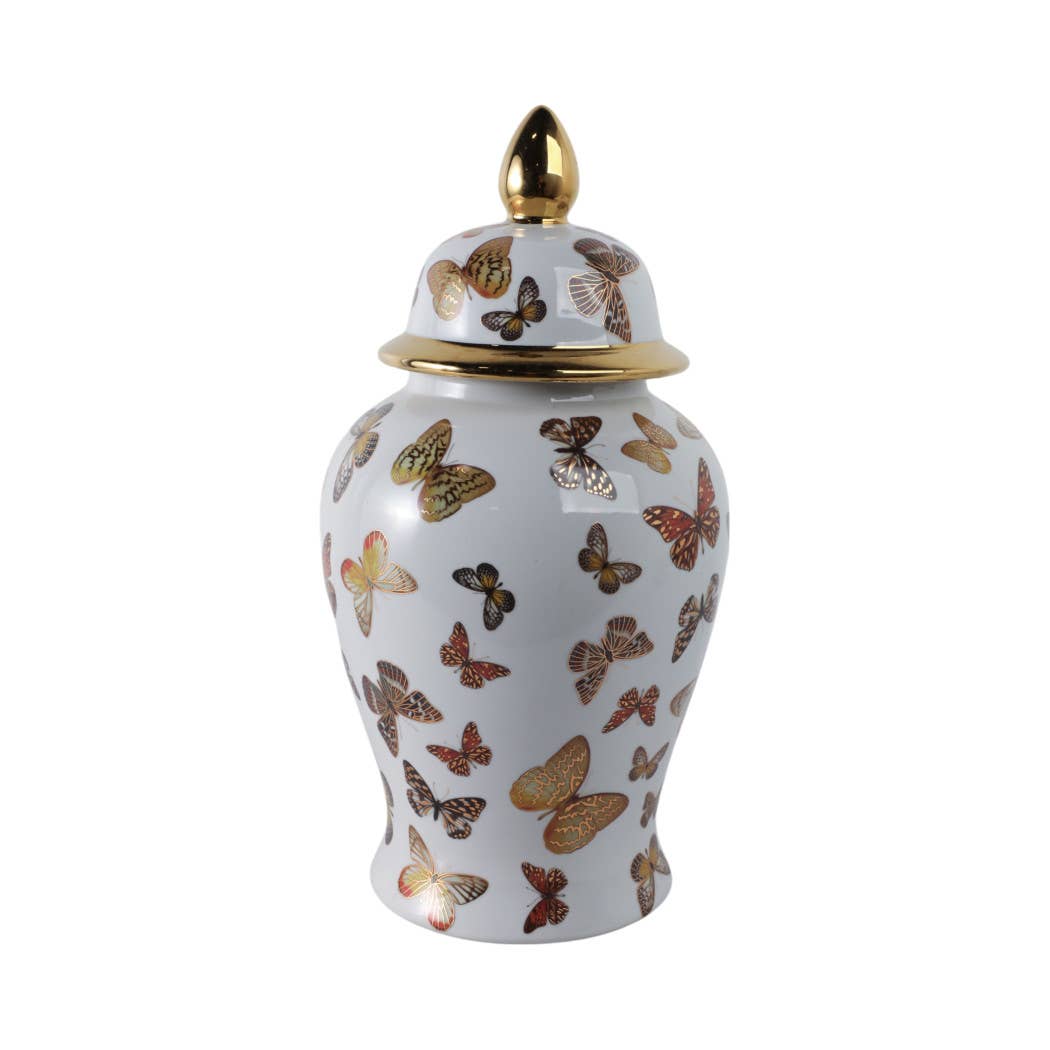 Decorative Temple Jar - White Ceramic Butterflies, 18 in.