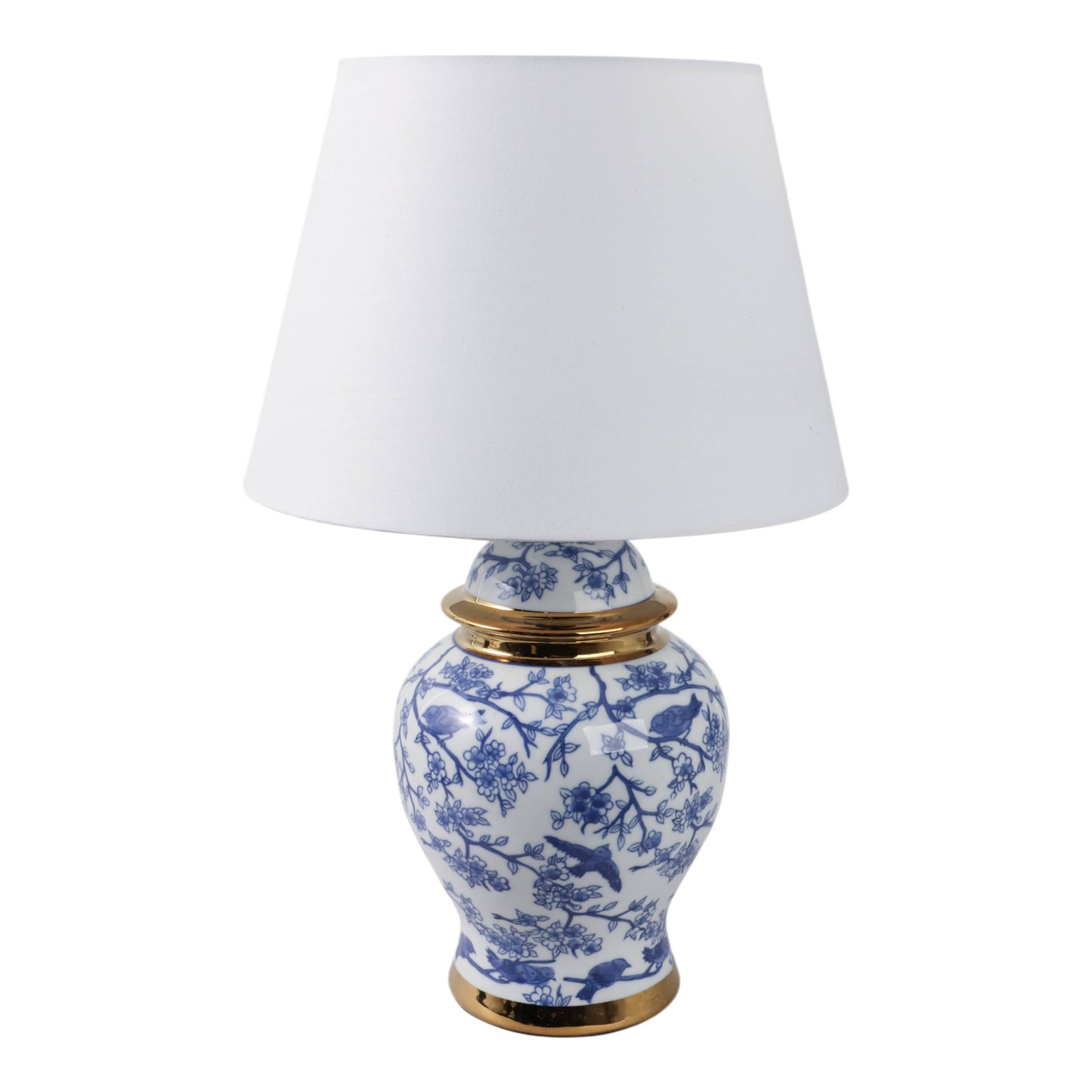 Table Lamp - Blue Ceramic Chinoiserie Floral Birds, 19 in.