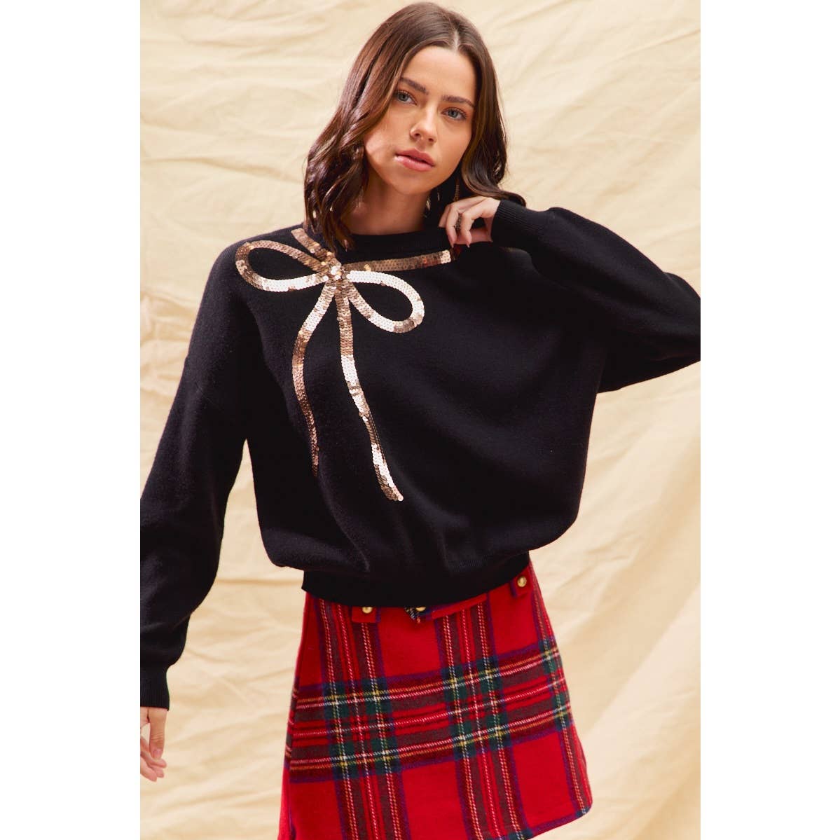 SEQUINS RIBBON CHRISTMAS HOLIDAY SWEATER TOP: BLACK/GOLD / XL