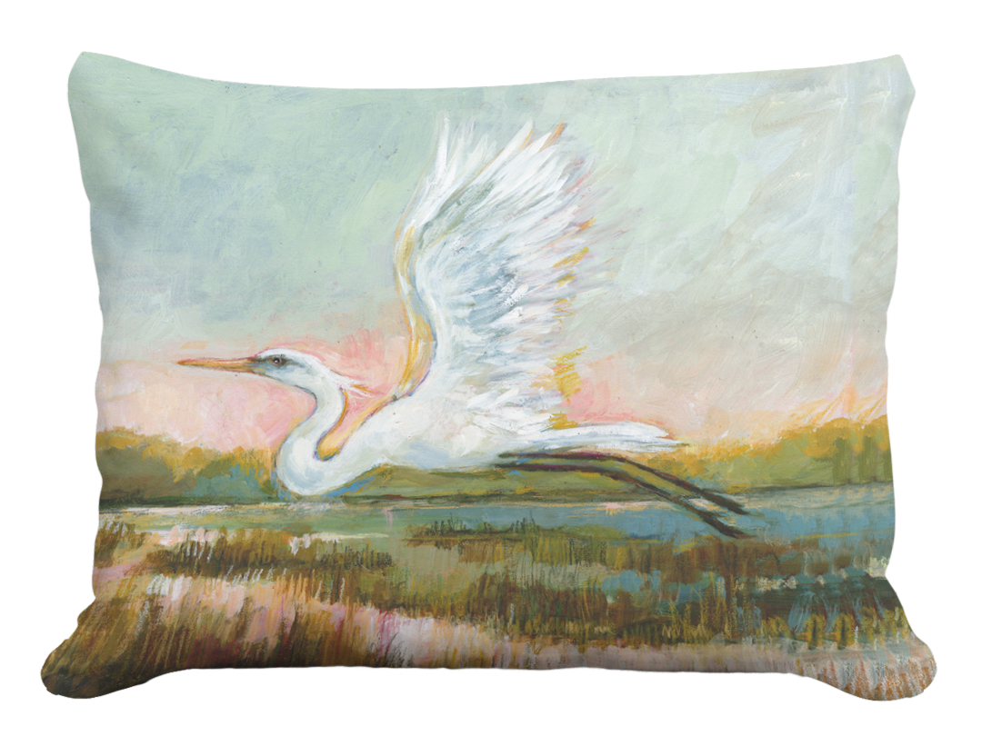Pillow - Egret Flying Serene - indoor / outdoor cushion: 18x18