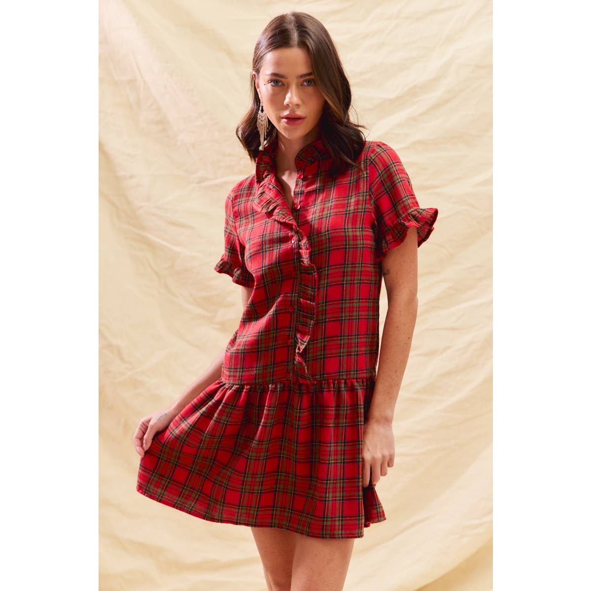 RED CHECKERED PLAID CHRISTMAS HOLIDAY MINI DRESS: RED CHECK / S