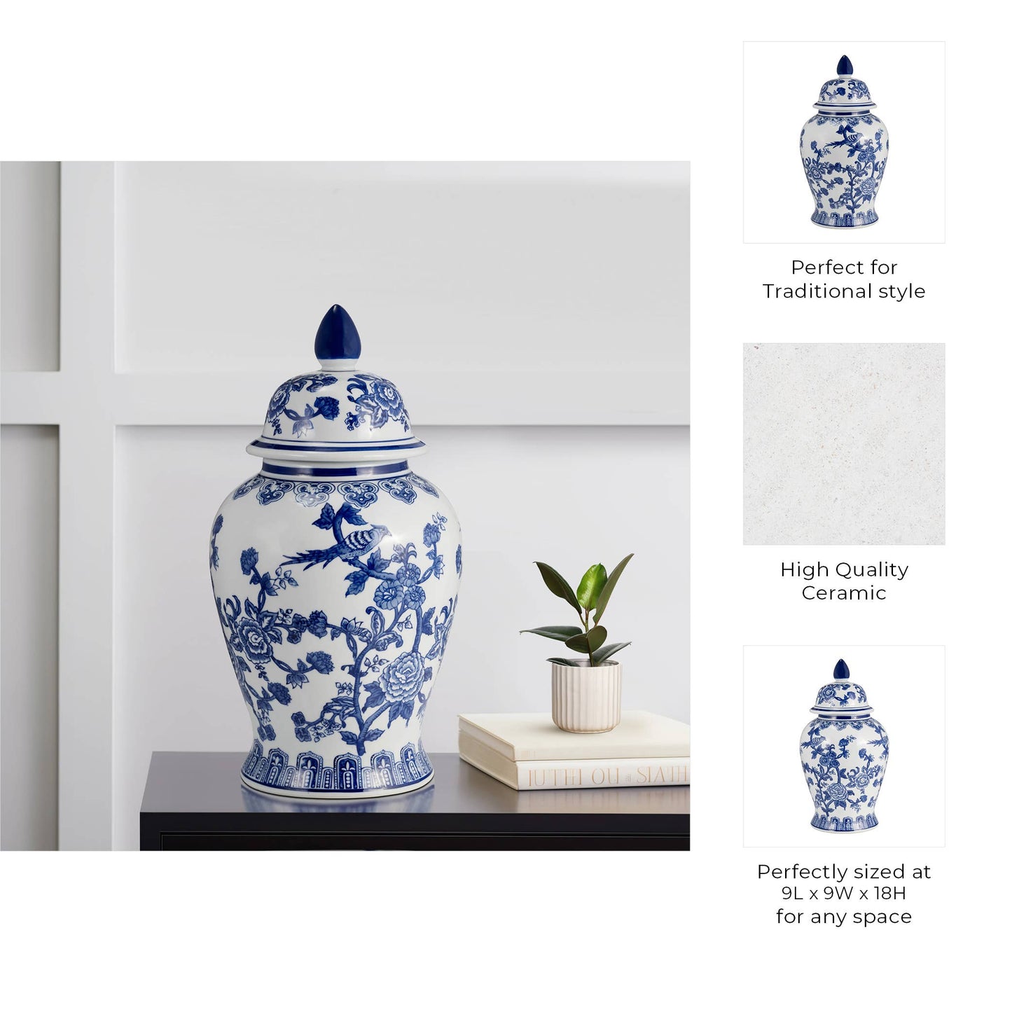 Blue 18 in. Ceramic Chinoiserie Temple Jar with Bird/Flower