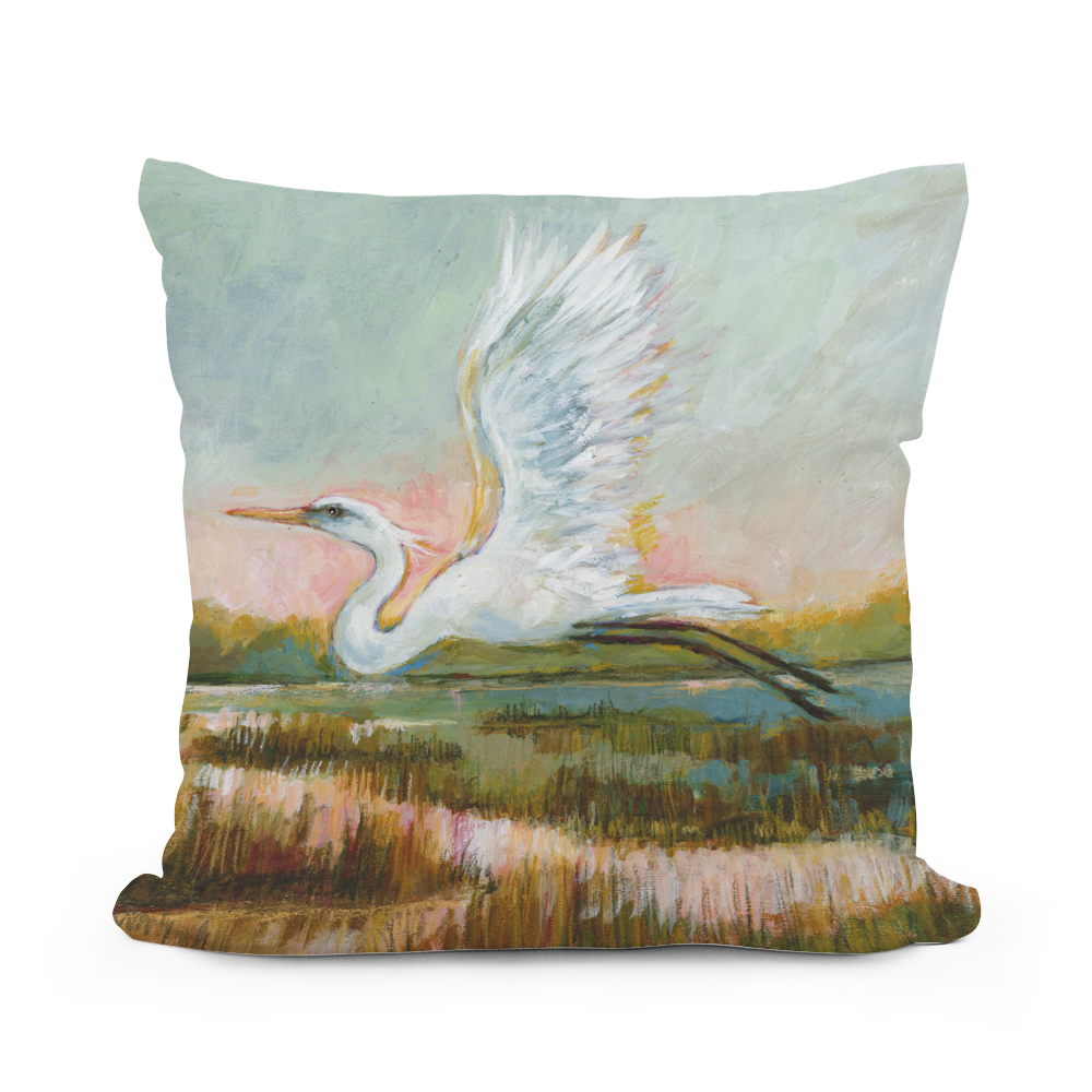 Pillow - Egret Flying Serene - indoor / outdoor cushion: 18x18